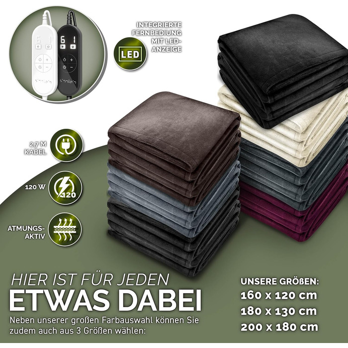 Електрична гріюча ковдра 200x180 см сірого кольору | з таймером та 9 рівнями нагріву | Плюшева ковдра, пральна до 40°C, цифровий дисплей