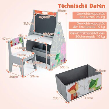 Дитячий набір 3 в 1 Dreamade: стіл, стільчик, книжкова полиця та контейнер, з магнітною дощечкою, сірий
