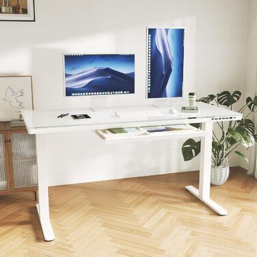 Регульований за висотою стіл JUMMICO, електричний стіл з ящиком, 120x60 см, стіл для стоячи/сидячи, Standing Desk для дому/офісу, білий (140 x 70 см, білий)
