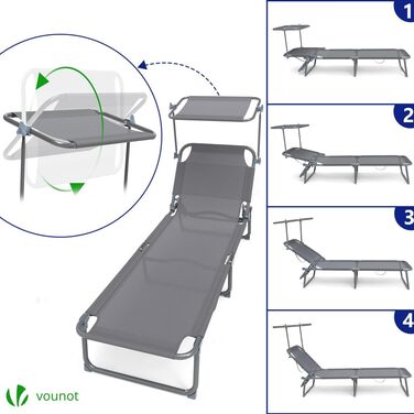 Набір з 2 шезлонгів Vounot, розкладні, для саду, басейну, тераси, сірого кольору. З сонцезахистом та регульованою спинкою.