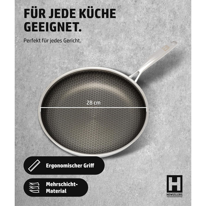 Сковорода HENSSELERS® 28 см - універсальна для всіх типів плит, антипригарне покриття у вигляді сот, індукційна, стійка до подряпин та порізів
