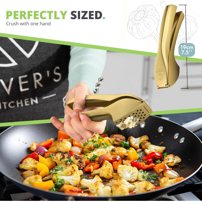 Преміум-прес для часнику Oliver's Kitchen® - зручний та легко миється - подрібнює часник та імбир без проблем (не потребує очищення) - надзвичайно міцний та зносостійкий (матова золота поверхня)