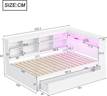 Диван-ліжко Kehun Doppelbet 140x200 см з LED та USB, ящик для зберігання та полиця, білий, без матраца