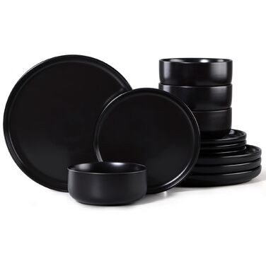 Набір посуду Joyfair на 6 осіб, 18 предметів, кераміка, чорний (Abyssal Schwarz). Тарілки обідні, десертні, миски для сніданку. Стійкий до подряпин, для мікрохвильовки та посудомийної машини
