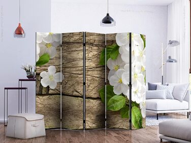 Екран для кімнати Murando з квітами, 225x172 см, 5 секцій, дерев'яний, білий/бежевий, для зонування простору
