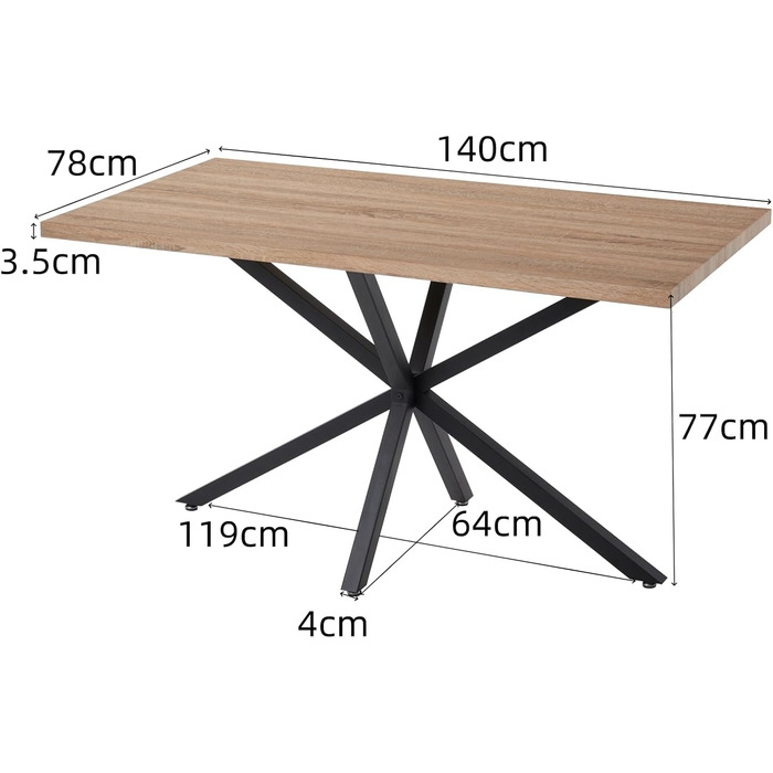 Сучасний прямокутний стіл з МДФ-плитою та чорними металевими ніжками, для вітальні або кухні, 140x78x77 см, темний дуб (світла структура дуба, 140*78*77 см)