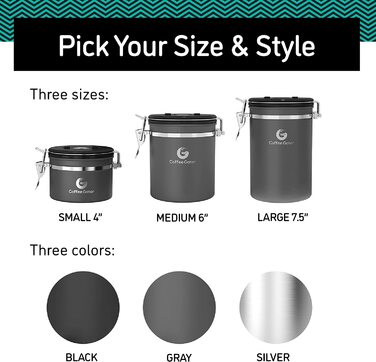 Контейнер для кави Coffee Gator з нержавіючої сталі (2 шт.) – для кавових зерен та меленої кави, з датою, CO2-вентилем та мірною ложкою (Сірий, Середній)