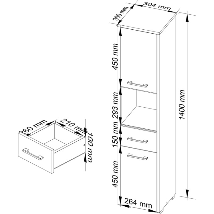 Пенал для ванної AKORD 2D1SZ1WN, W30xH140xD30 см, 25 кг, 2 двері, 1 ящик, 1 відкрите відділення, Sonoma Дуб/Білий