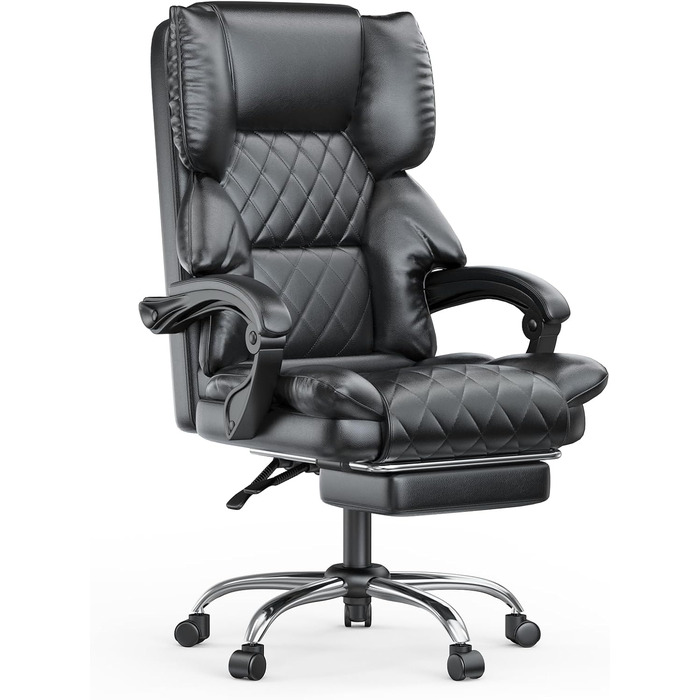 Офісний крісло-шезлонг для кухні від NaspaLuro з підніжкою, чорного кольору. Ергономічний комп'ютерний стілець з PU шкіри, м'якими підлокітниками та регульованою спинкою. Регульована висота, поворотний механізм. Без підігріву.