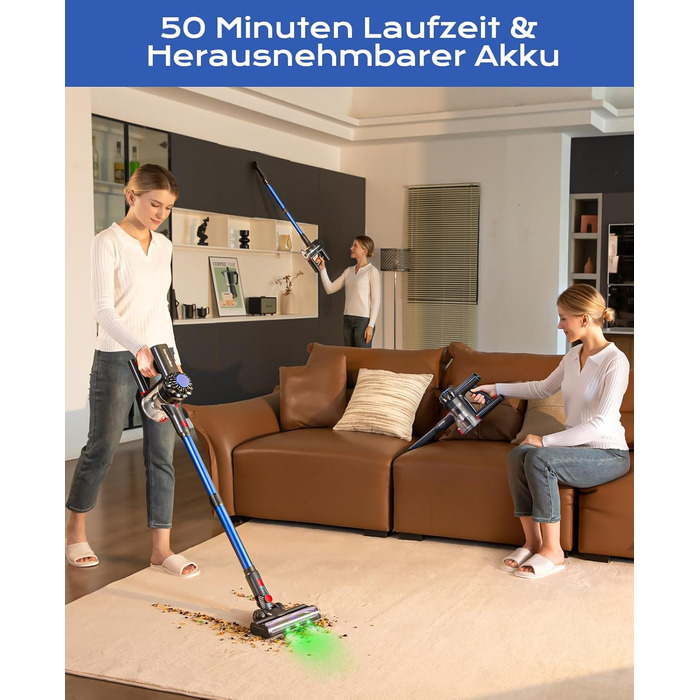 Бездротовий акумуляторний пилосос V15: 50 хвилин роботи, 40KPA, 450W, LED, для видалення шерсті тварин, темно-синій