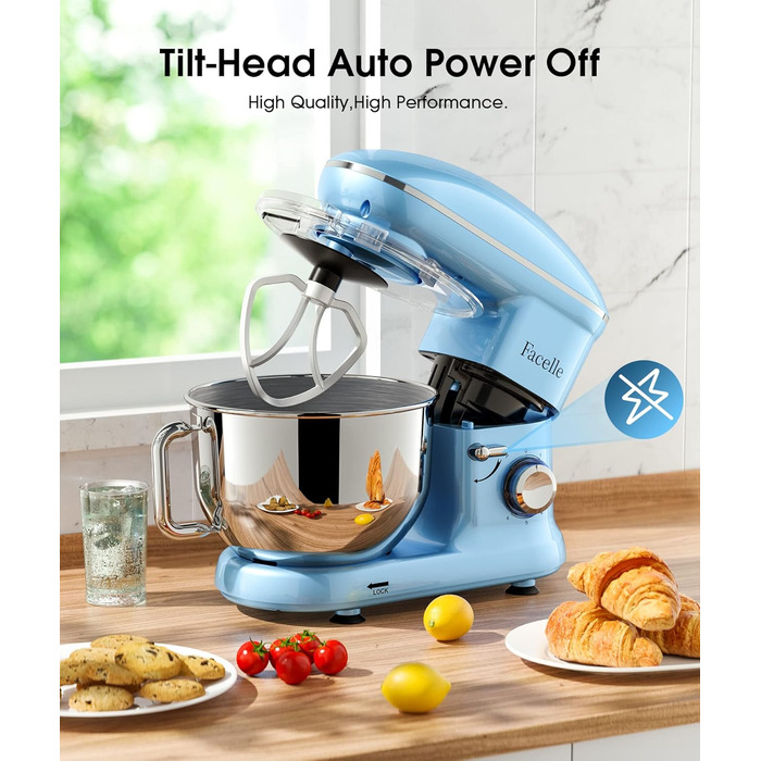 Кухонна машина Facelle 1500W з нержавіючою чашею 6.2L, 6 швидкостей, комплект насадок (блакитна)