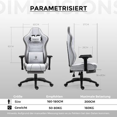 Ігрове крісло Dowinx Тканина, 4D підлокітники, Функція масажу, Офісне крісло для ПК XXL з підставкою для ніг, Сірий