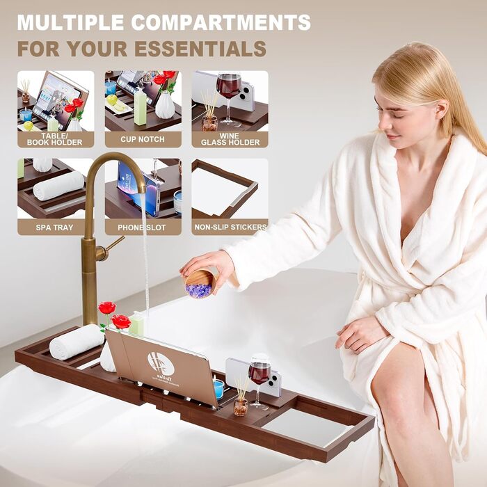 Підставка для ванни Yirilan, висувна, бамбукова, для 1-2 осіб, з тканиною (колір: коричневий)