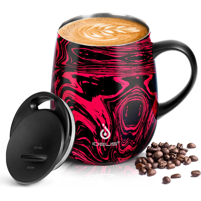 Кружка для кави та чаю Ideus 470 мл з нержавіючої сталі, подвійні стінки, вакуумна ізоляція, з неслизьким ручним тримачем та кришкою-ковпачком, об'єм 470 мл (зелений)