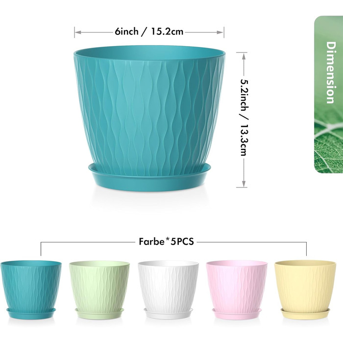 Набір горщиків для квітів з системою поливу (5 шт.), 17.8 см, з підставкою, для дому та балкону (кольорові)