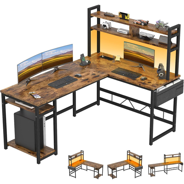 Ігровий стіл Devoko з підсвічуванням LED, 160x120 см, з розетками та USB, вінтажний коричневий. Комп'ютерний стіл з місцем для зберігання для геймерів та дому