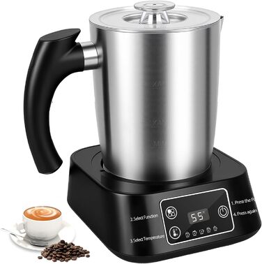 Електричний спінювач молока 5-в-1 з нержавіючої сталі, 500 мл, знімний контейнер, контроль температури, для гарячого та холодного молока, капучино, лате