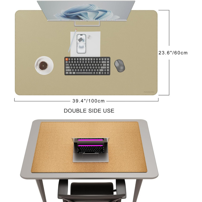 Килимок на стіл MAIDERN XXL 100x60 см двосторонній (шкіра та корк), водонепроникний килимок для миші та робочого столу для офісу та геймінгу, чорний