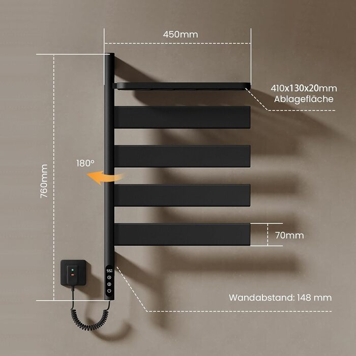 Електричний сушильник для рушників EMKE 180° з полицею, Wifi, 120W, 760x450 мм, чорний