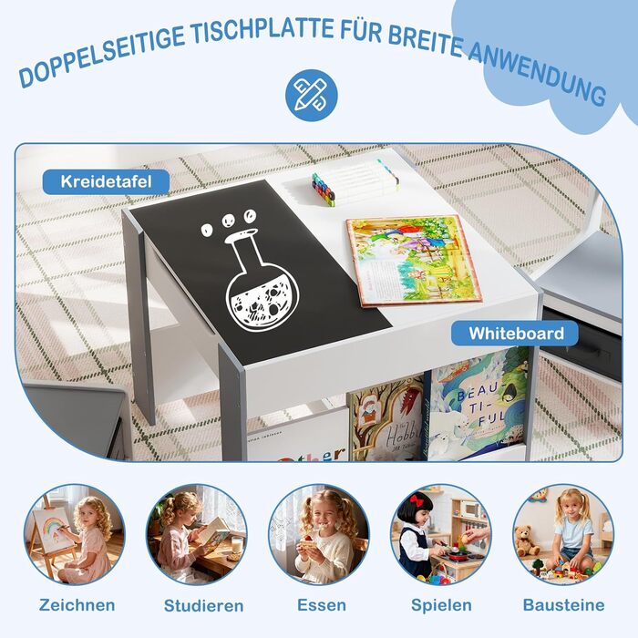 Детский стол со стульями COSTWAY 3 в 1: деревянный стол для рисования с ящиком и 2 стульями, для детей от 3 лет (Серый, Комбинированный)