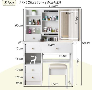 Дзеркальний туалетний столик з LED-підсвічуванням та пуфом, 6 ящиків, 3 полиці, сучасний дизайн, дерево, білий (T68)
