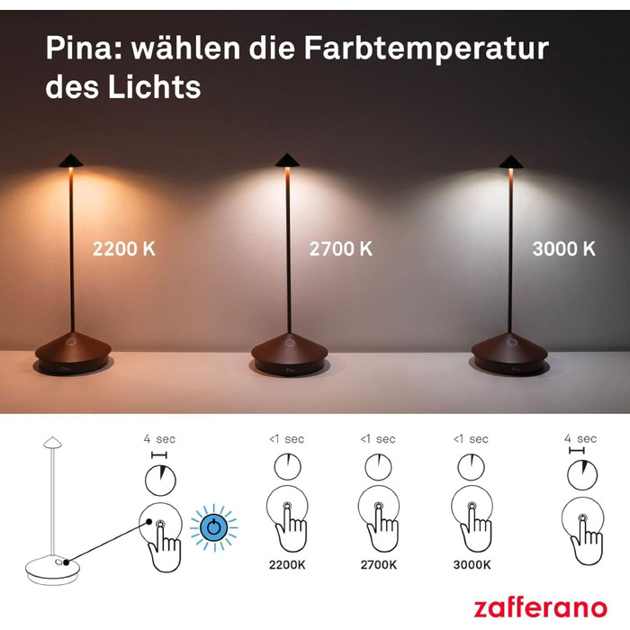 Zafferano Pina - Бездротова LED-лампа для дому та саду з торшетом Corten, сенсорне керування, димер, 2200-3000K, 29 см