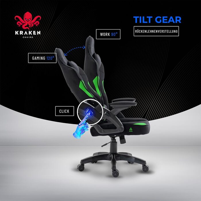 Крісло геймерське KRAKEN CHAIRS - ергономічне, тканинне, для комп'ютера, 130 кг, чорно-зелене