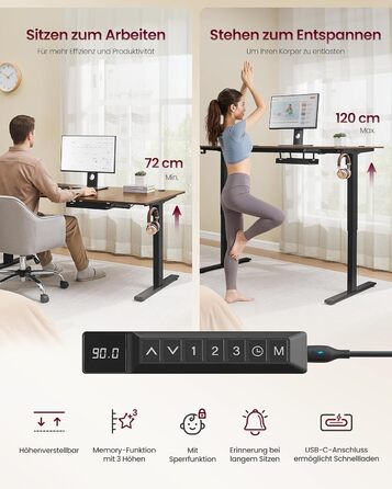 Стол для роботи VASAGLE з регулюванням висоти, USB-C, підставка для розеток, стоячий стіл, нагадування про перерви, 3 пам'яті, 180x80 см, Vintage Brown