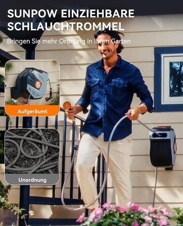 SUNPOW Ротаційний барабан для шланга на стіну 15м з розпилювачем - сірий, для дому та автомобіля, автоматичний збір