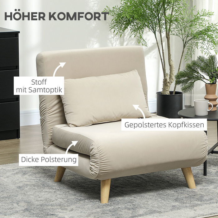 Крісло HOMCOM Ліжко, Розкладне крісло з функцією ліжка, Декоративні подушки, Розкладне крісло з регульованою спинкою в оксамитовому вигляді, для вітальні, Бежевий