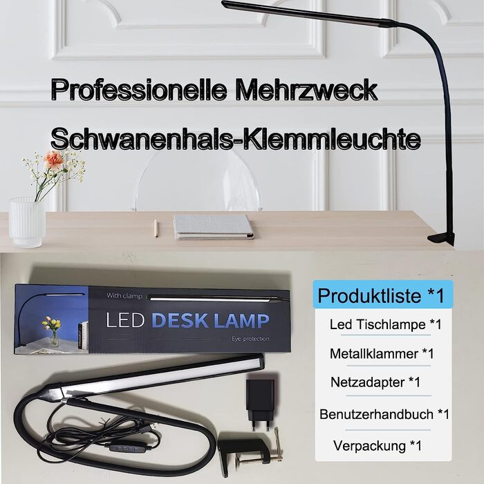 Настільна лампасвітлодіодна настільна лампа, 29,5-дюймова лампа з поворотним кронштейном, затискна лампа для захисту очей, 3 кольори і 10 рівнів яскравості з регульованою яскравістю USB, приліжкова лампа потужністю 12 Вт для офісу, декорування шкільного п