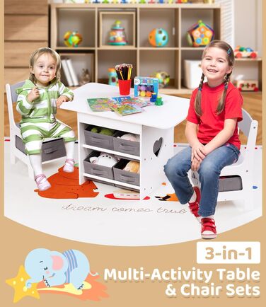 Дитячий стіл зі стільцями, ігровий стіл для дітей з місцем для зберігання. Набір меблів для дитячої кімнати (Сірий)