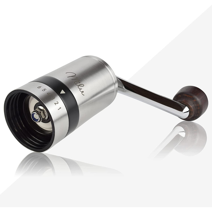 Ручна кавомолка Milu Manuelle – кавомолка для еспресо з керамічним жорном, 6 ступенів помелу, з ложкою та щіткою (срібна)