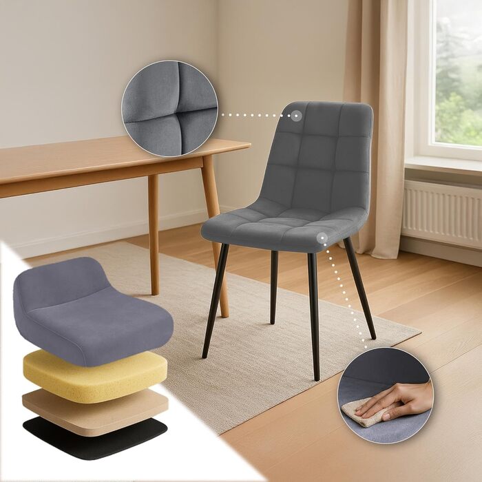 Набір з 4-х м'яких кухонних стільців CLP Asti, темно-сірий, до 150 кг