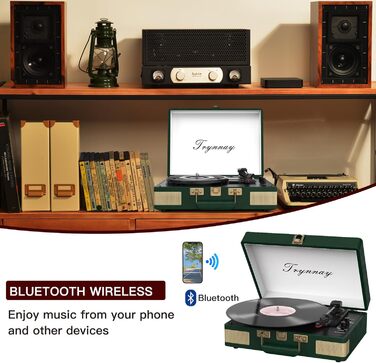 Вініловий програвач Trynnay 3-ступеневий Bluetooth у валізі, з вбудованими динаміками, покриття PU-шкіра, зелений, покращене аудіо