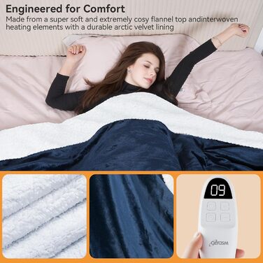 Електрична гріюча ковдра з автовимкненням, 9 режимів нагріву та 10 таймерами. Захист від перегріву, пральна, тепла ковдра для дому та офісу (Блакитна, 180x200 см)