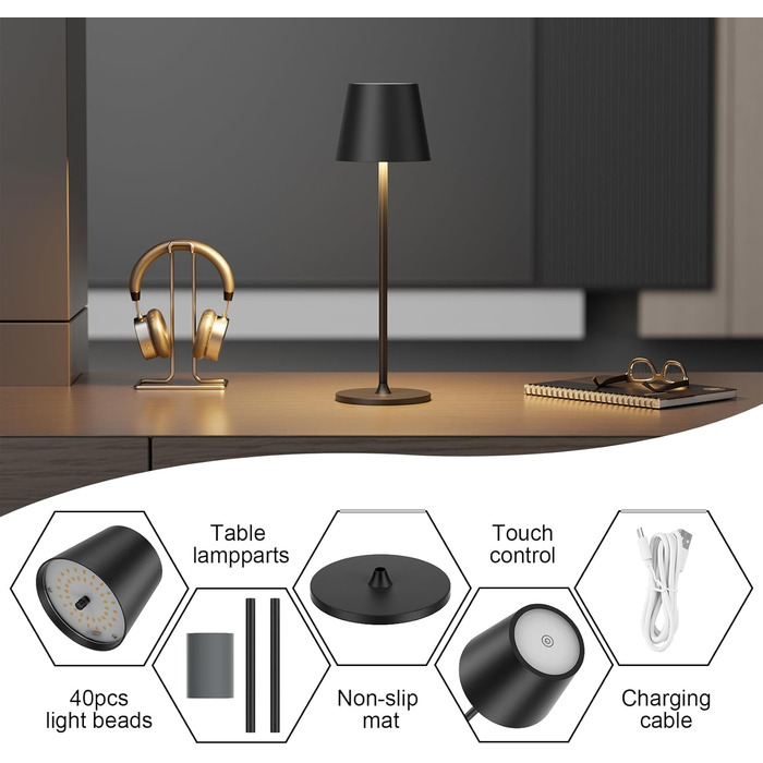 LED настільна лампа Coinmit 2 шт., бездротова, диммування, 3000K, 5000mAh, IP54, регульована висота, для дому та вулиці, чорна