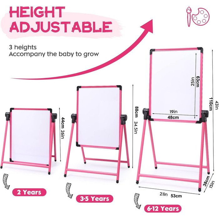Дитяча мольберт Kinderstaffelei з двома боками, складний, регульована висота 74,9-111,8 см, з місцем для зберігання, поворотний на 360°, мольберт для малювання та дошка з набором літер та цифр, рожевий для хлопчиків та дівчаток