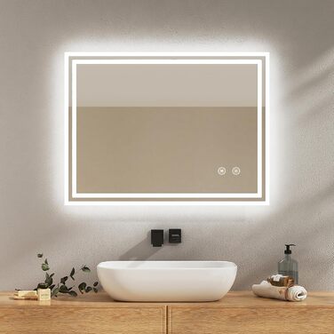 Дзеркало для ванної кімнати EMKE з підсвіткою 50x60 см, антизапарник, холодний білий, диммування, сенсорне управління, функція пам'яті, автоматичне вимкнення через 3 години, IP44, енергозберігаюче (90x70 см)