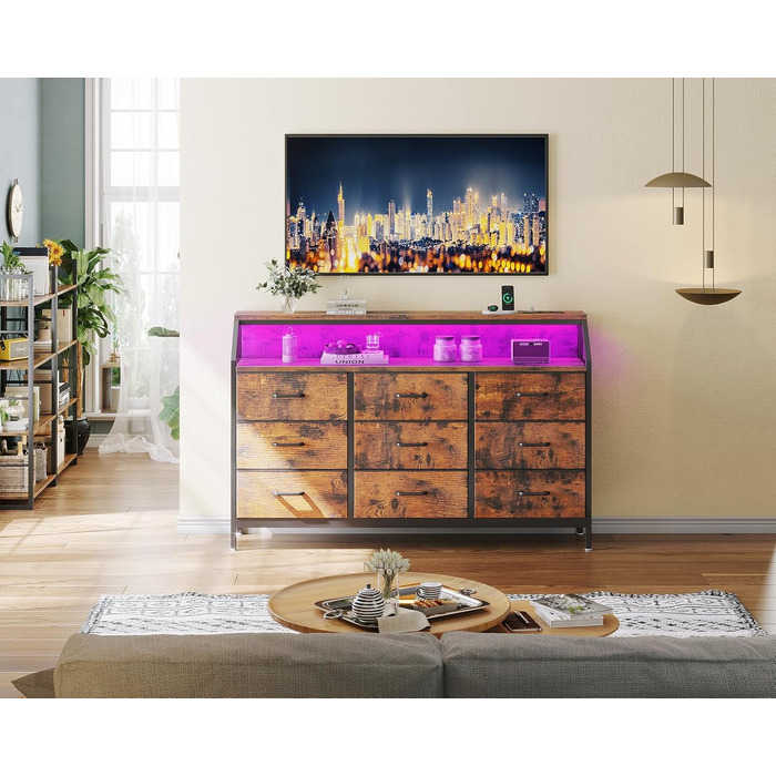 Комод ODK з висувними ящиками, 9 тканинних ящиків, 2 розетки, 2 USB-порти, LED-підсвітка, для спальні/вітальні, вінтажний стиль