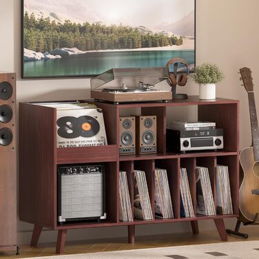 Стійка для платівок з полицею для зберігання, підставка для програвача, органайзер для вінілових платівок на 450 альбомів, полиця для музичної кімнати та вітальні (горіх)