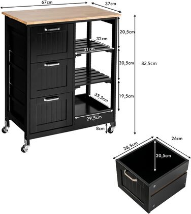 Візок для кухні COSTWAY, 2 яруси, 3 ящики, рулонний, гумовий, 67x37x82.5см (чорний)