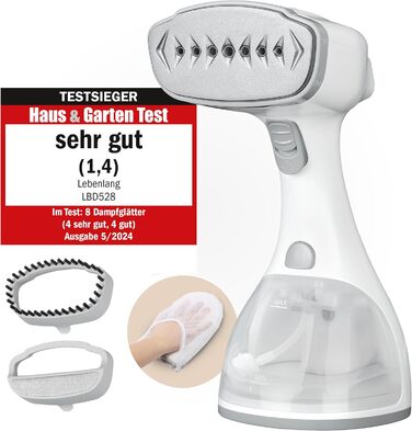 LEBENLANG Пароочищувач для одягу - 1500W, 300ml, з рукавичкою та насадками | Професійний пароочищувач для одягу | Білий