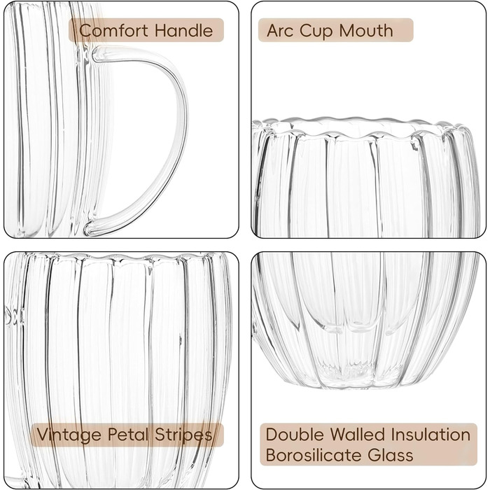 Скляні кавові кружки JNSMFC з подвійними стінками, набір з 4 шт. , 250 мл, вертикальні смуги, стиль орігамі