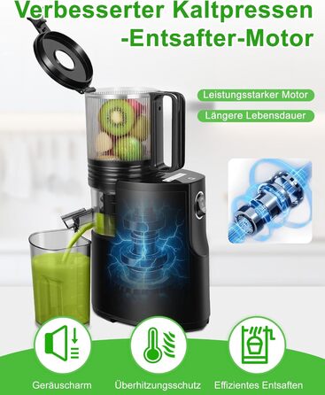 Електричний соковитискач для цілих овочів та фруктів, 130 мм, з широкою подачею, легкий у чищенні, чорний