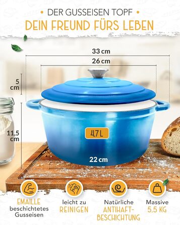 Форма для випікання хліба з чавуну з кришкою Krustenzauber - 28 см, 4.7л, блакитна