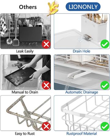 Сушарка для посуду LIONONLY, 2-рівнева сушарка для посуду з піддоном для крапель, сушарка з нержавіючої сталі з тримачем для посуду, підстаканник і поворотний носик, посуд Сушарка для посуду Кухня (біла, велика)