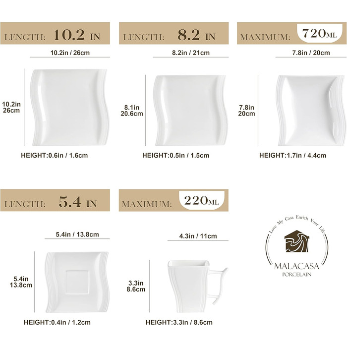 MALACASA Серія Flora – 60-елементний посудний сервіз для 12 осіб – кремово-білий порцелан з квадратним дизайном (тарілки, чашки, блюдця) – підходить для миття в посудомийній машині та для використання в мікрохвильовій печі