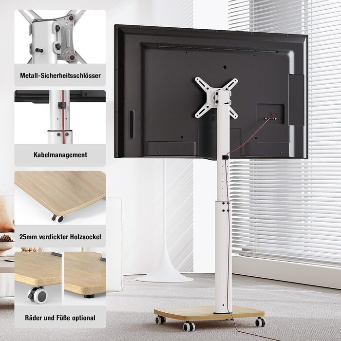 Підставка для телевізора мобільна з дерев'яною основою, поворотна, 19-42 дюйми, біла, до 20 кг, VESA 200x200 мм