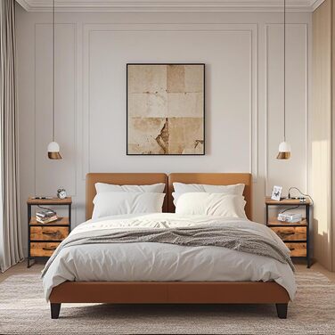 Нічні тумбочки EGGREE (2 шт) з зарядною станцією та шухлядами з тканини, колір вінтажний коричневий, для спальні, невеликих кімнат, готелю та апартаментів. USB-порти та розетки.